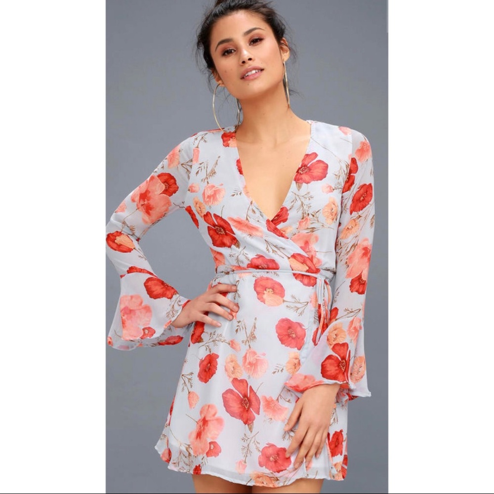 LuLu’s Blue Bell Sleeve Floral Wrap Dress